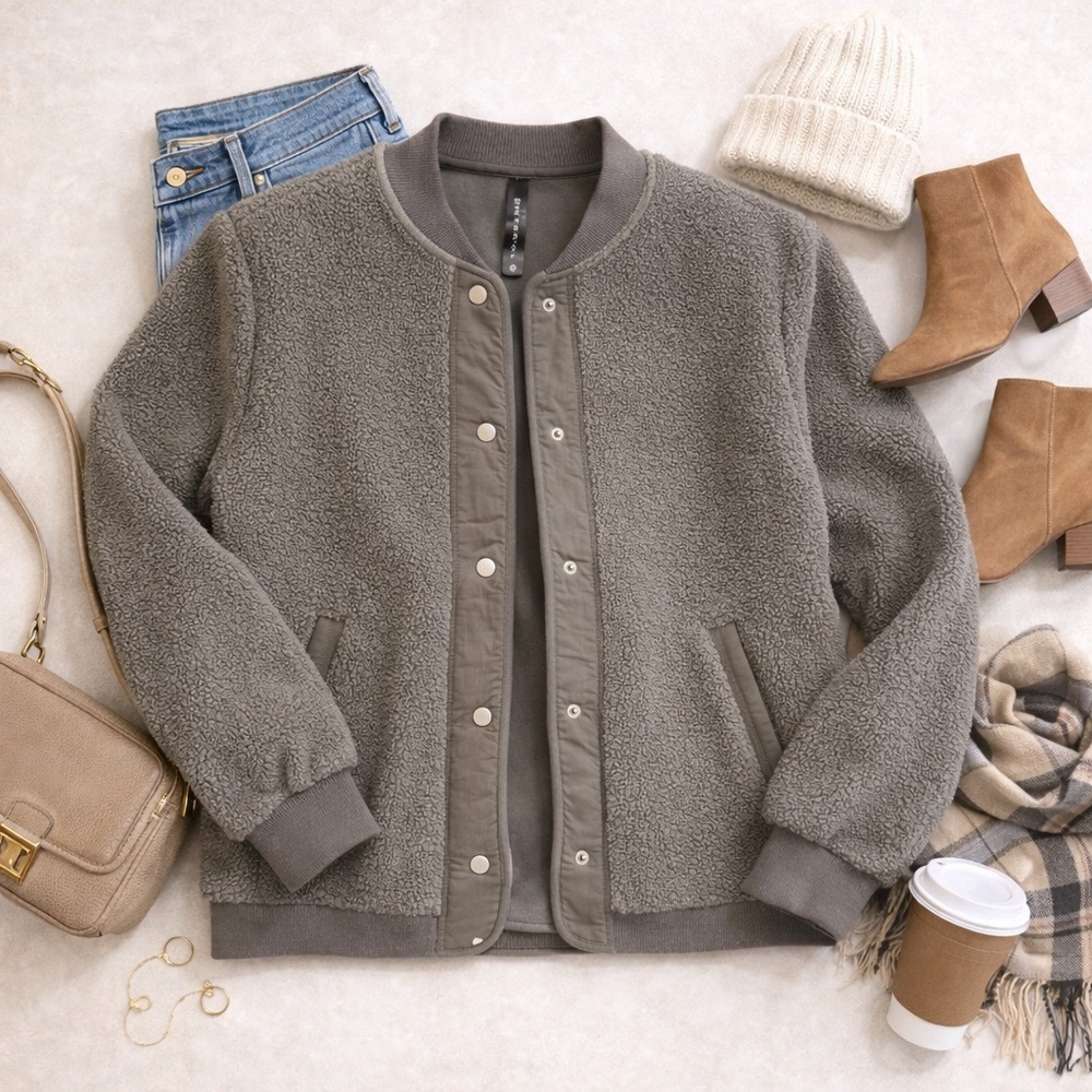 Interval Sherpa Fleece Snap Jacket | Size M | Cozy Bomber Teddy Comfort